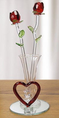 Red Roses In Glass Vase With Heart And Hanging Crystal Heart Shaped Charm