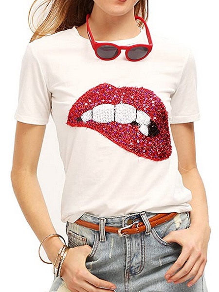 Women's Sequined Sparkely Glittery Lip Print T-Shirt