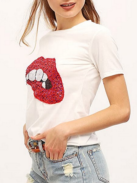 Women's Sequined Sparkely Glittery Lip Print T-Shirt